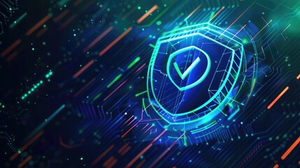 Shield and checkmark cybersecurity verification icon, neon blue and green hues, digital background. Verified credentials
