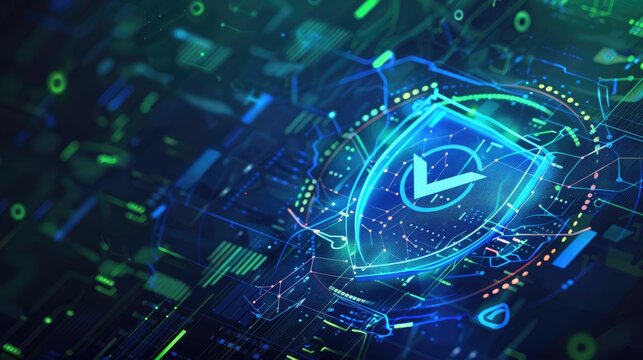 Cybersecurity verification icon with shield and checkmark, neon blue and green hues on a digital background. Verified credentials