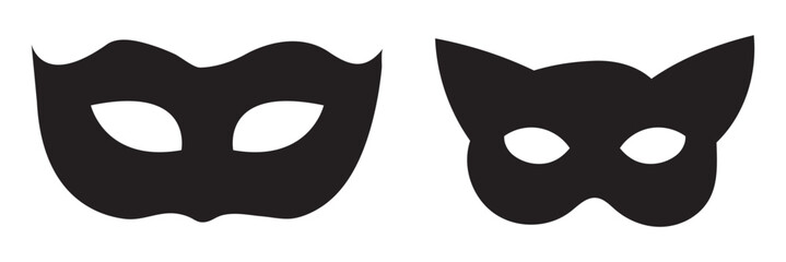 Mask superhero carnival villain or burgar vector icon set. Black masquerade costume eye mask silhouette hidden person face. Simple design incognito party masque shape template illustration.