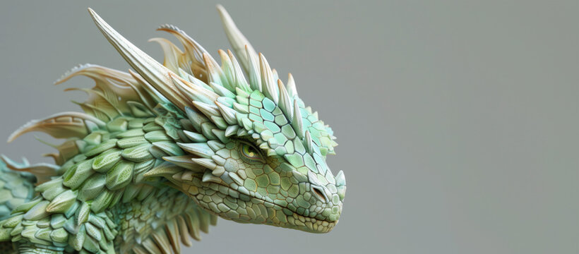Enchanting Green Dragon With Detailed Scales And Piercing Yellow Eyes, Horns Extending Gracefully