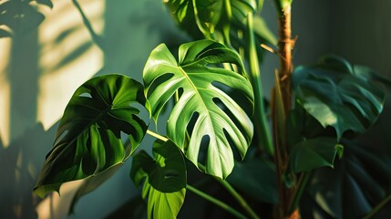 Close-Up of Lush Green Monstera Plant Leaves