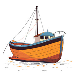 Fishing boat illustration stranded land, orange blue hull, mast, rigging. Cartoon style drawing wooden fishing vessel grounded, white cabin, antenna, fallen leaves. Vintage fisherman boat graphic
