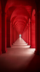 Red arches in a corridor hallway with columns and a stunning perspective highlighting symmetry and shadow