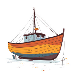 Colorful fishing boat ashore illustration. Striped wooden boat dry docked, sunny day. Detailed cartoon vessel art, nautical theme