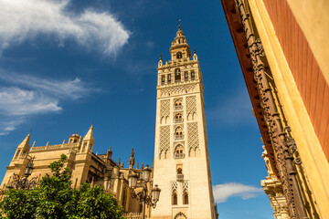 Obraz premium La Giralda (translated to The Giralda), the beautiful bell tower of Seville's Cathedral, Spain