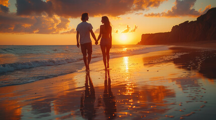 A romantic couple holding hands and walking along a picturesque beach at sunset