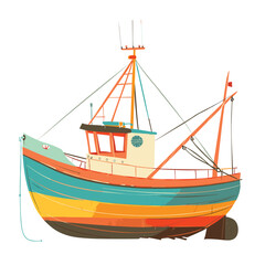 Colorful fishing boat docked, detailed trawler illustration, marine vessel isolated white background. Orange blue hull, fishing equipment, boat dry land. Maritime fishing industry, seafood