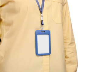 Woman with blank badge on white background, closeup