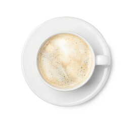 Tasty cappuccino in coffee cup isolated on white, top view