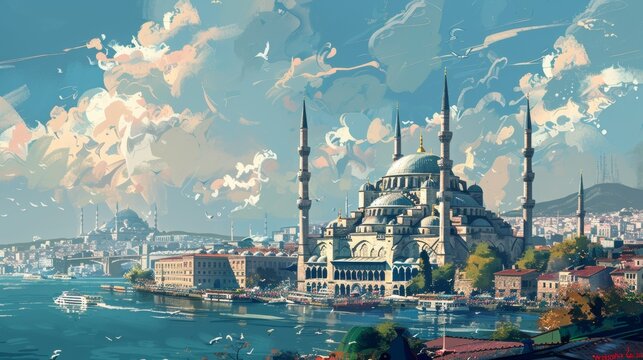 Bosporus with an iconic mosque, View of &Auml;&deg;stanbul . Represent Turkish architectur and culture. 