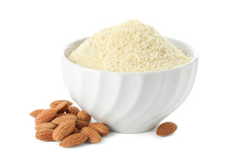 Fresh almond flour in bowl and nuts isolated on white