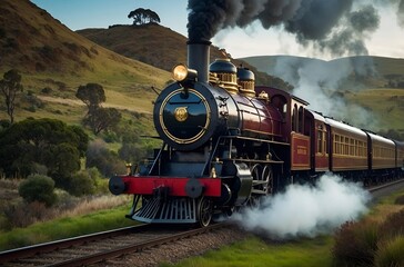  A steam-powered train chugging through a Victorian landscape