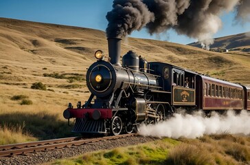 Naklejka premium A steam-powered train chugging through a Victorian landscape