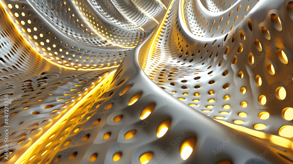 Aufkleber futuristic design featuring a metallic structure with glowing lines, creating a sense of depth and m