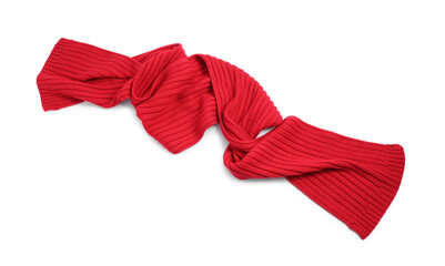 One red knitted scarf on white background