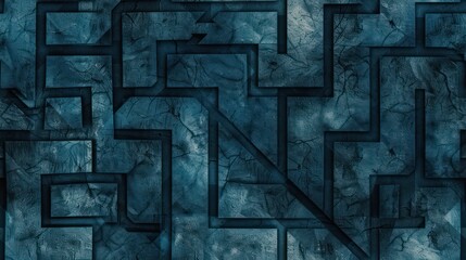 A high-resolution image depicting a complex maze design with a textured blue overlay and a hint of grunge aesthetics