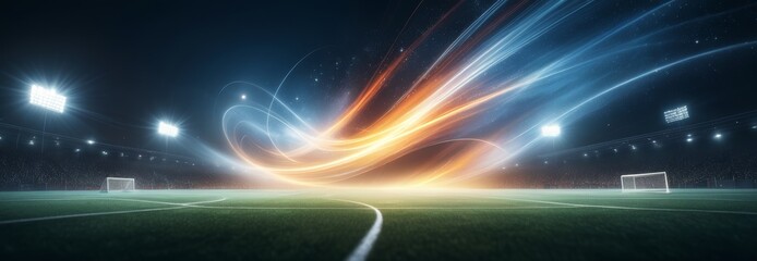 Soccer stadium with bright abstract flashes of light in the center. Abstract art. Ultra-wide shot. Banner, poster, background. With copy space. Football theme. 