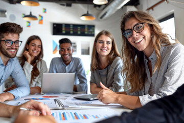 Obraz premium A group of diverse business professionals collaborates on a project in a modern office, with one woman smiling at the camera.