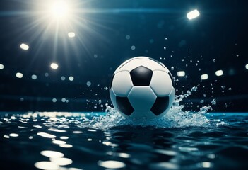 Fototapeta premium The ball falls into the water. Water polo. Close-up. Banner, poster, background, postcard, wallpaper. With copy space