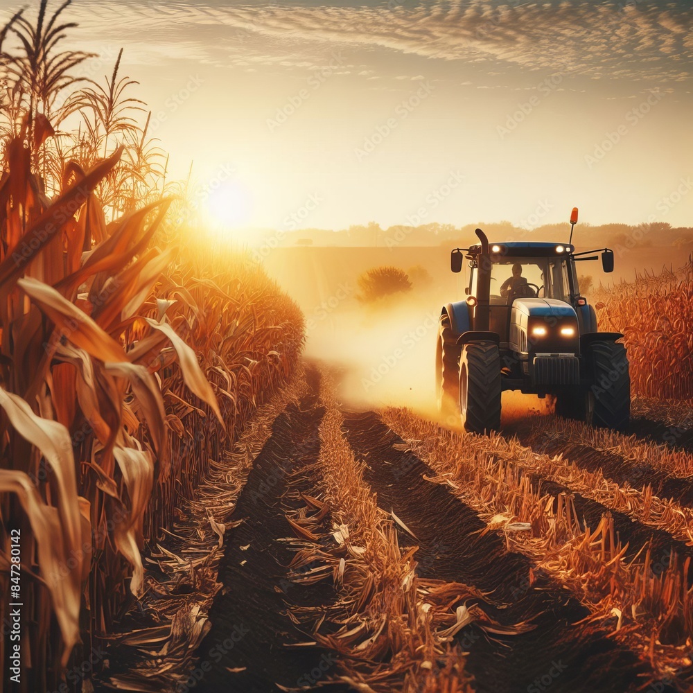 Wall mural harvesting corn by tractor in grain field at sunset or sunrise