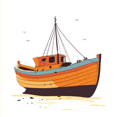 Orange brown fishing boat illustrated standing shore under clear sky, birds flying around. Cartoonstyle drawing wooden fisherman vessel grounded beach environment. Nautical theme artwork depicting
