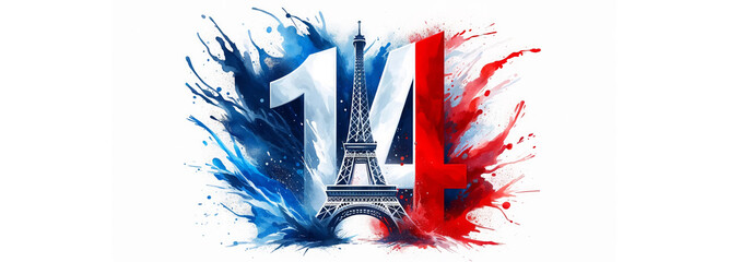 Eiffel Tower with the number 14 in red, white, and blue colors on a white background. Concept of Bastille Day, celebrated on July 14 in France. Useful for holiday promotions and cultural events.