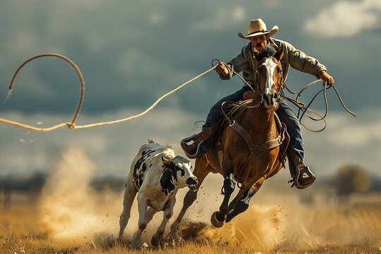 This image captures a professional photo of a cowboy lassoing a calf at full speed while on horseback, showcasing the intensity and precision of the moment. Both the horse and calf are in motion