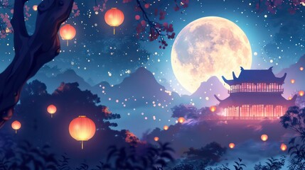 A painting of a pagoda with a full moon in the background. Generative AI
