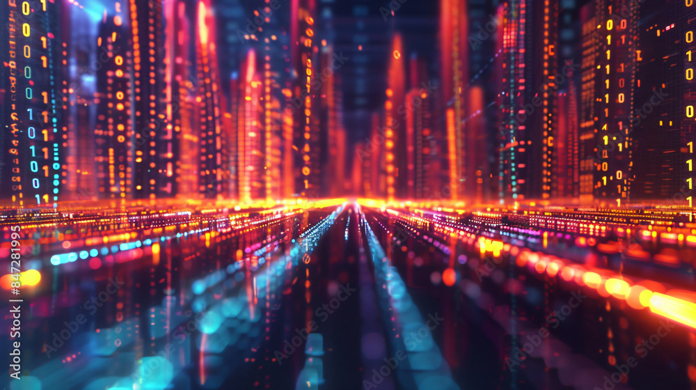 Aufkleber Embracing the digital age with colorful binary code forming buildings and streets