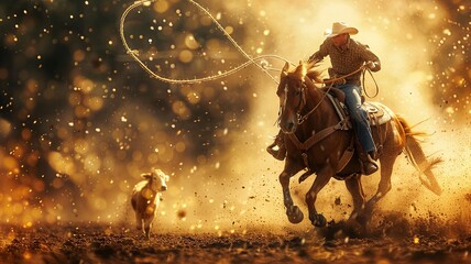 This image captures a professional photo of a cowboy lassoing a calf at full speed while on horseback, showcasing the intensity and precision of the moment. Both the horse and calf are in motion