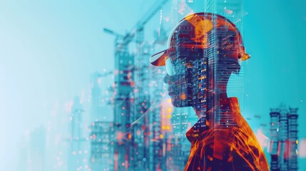 Illustration digital building construction engineering with double exposure graphic design. Building engineers, architect people or construction workers working with modern civil equipment technology