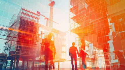 Illustration digital building construction engineering with double exposure graphic design. Building engineers, architect people or construction workers working with modern civil equipment technology