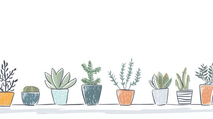 Fototapeta premium A colorful illustration featuring a row of different potted plants with a minimalist background