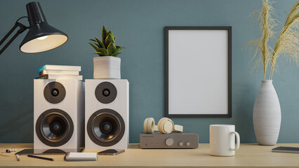 picture frame mockup with audio bookshelf speaker. 3d rendering