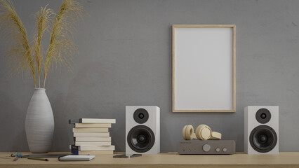 picture frame mockup with audio bookshelf speaker. 3d rendering © AddMeshCube