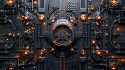 Fototapeta premium Detailed image showcasing an intricate sci-fi control panel with glowing orange lights and a central circular structure