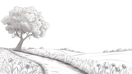 Detailed pencil drawing featuring a single tree, winding country road and wildflowers in a calm rural setting