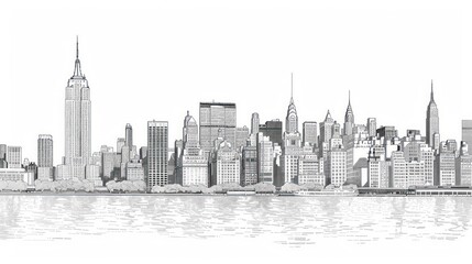 Fototapeta premium A finely detailed black and white illustration of New York City's iconic skyline, featuring major landmarks and skyscrapers