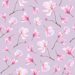 Watercolor magnolia seamless pattern For purple wallpaper wrapping floral pink print textile design pastel decoration Women's day Background Scrapbooking Botanical ornament Spring flower branch