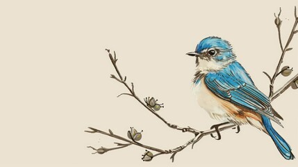 Obraz premium A hand-drawn illustration of a charming blue bird perched gracefully on a leafless branch with budding leaves