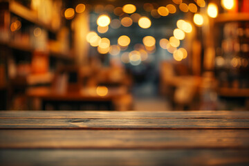 Bokeh blurred background of wooden table in interior restaurant with warm lights