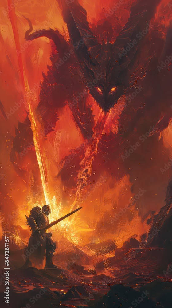 Wall mural Knight with a sword facing the lava demon in hell, digital art style, illustration painting - Wall murals