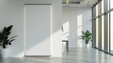 Clean and spacious roll-up mockup poster in a modern office environment, ideal for branding, light background, minimalism. Roll up mockup poster