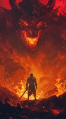 Fototapeta premium Knight with a sword facing the lava demon in hell, digital art style, illustration painting