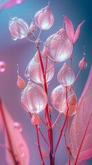 Close-up of a plant with pink translucent seed pods. AI.