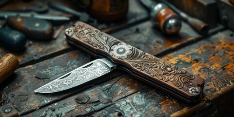 Handmade, custom folding pocket knife with beautiful floral engravings on the handle. AI.