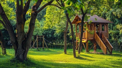 Wooden playhouse and swing set in a lush green backyard. AI.