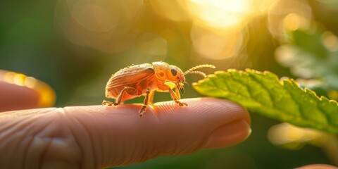 A tiny orange beetle on a fingertip. AI.