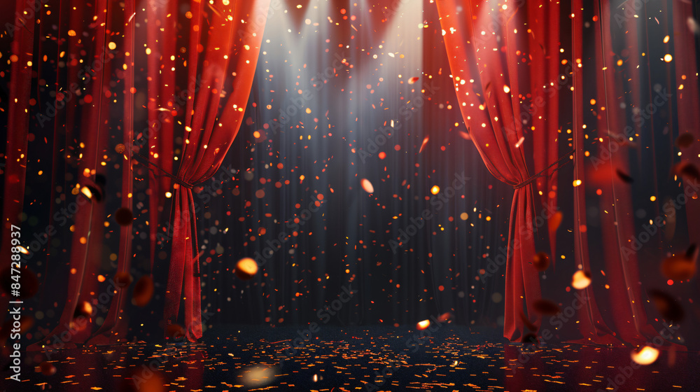 Poster luxurious red curtains framing a stage with spotlights and falling confetti