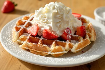 A Plate Of Fluffy Belgian Waffles With Whipped Cream And Strawberries In Restaurant Interior, Dessert Food Photography, Dessert Menu Style Photo Image